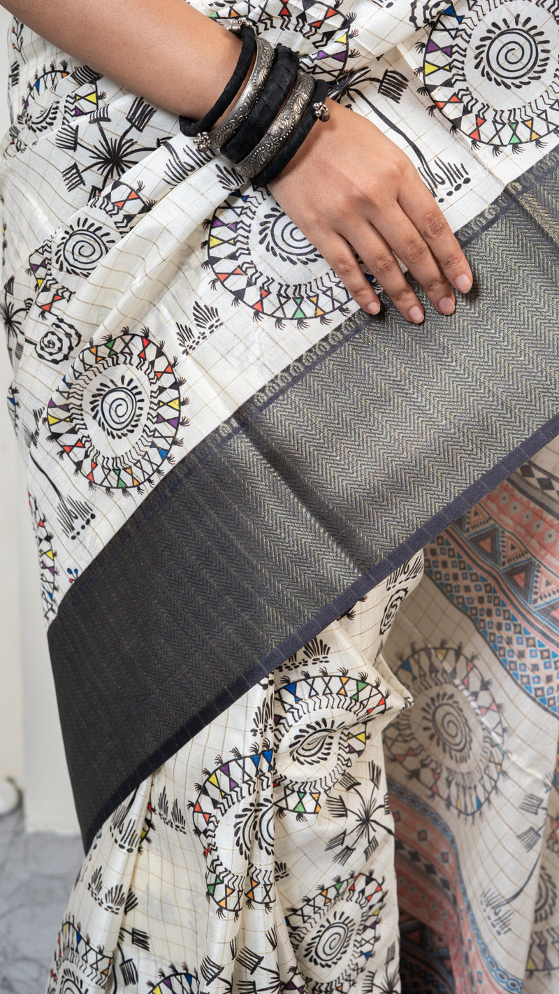 Off White Warli Print Silk Saree with Dark Gray Border