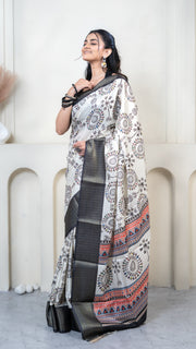 Off White Warli Print Silk Saree with Dark Gray Border
