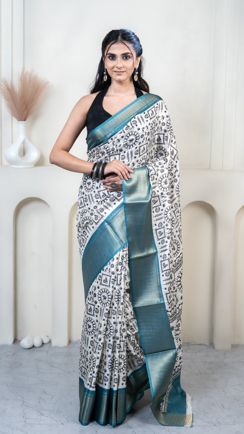 White Warli Print Silk Saree with Sky Blue Border