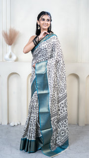 White Warli Print Silk Saree with Sky Blue Border