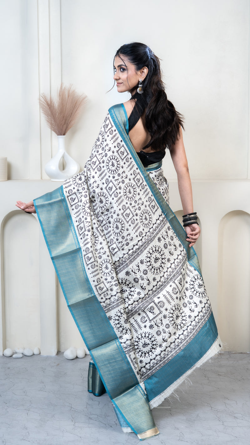 White Warli Print Silk Saree with Sky Blue Border