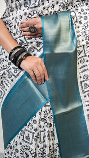 White Warli Print Silk Saree with Sky Blue Border