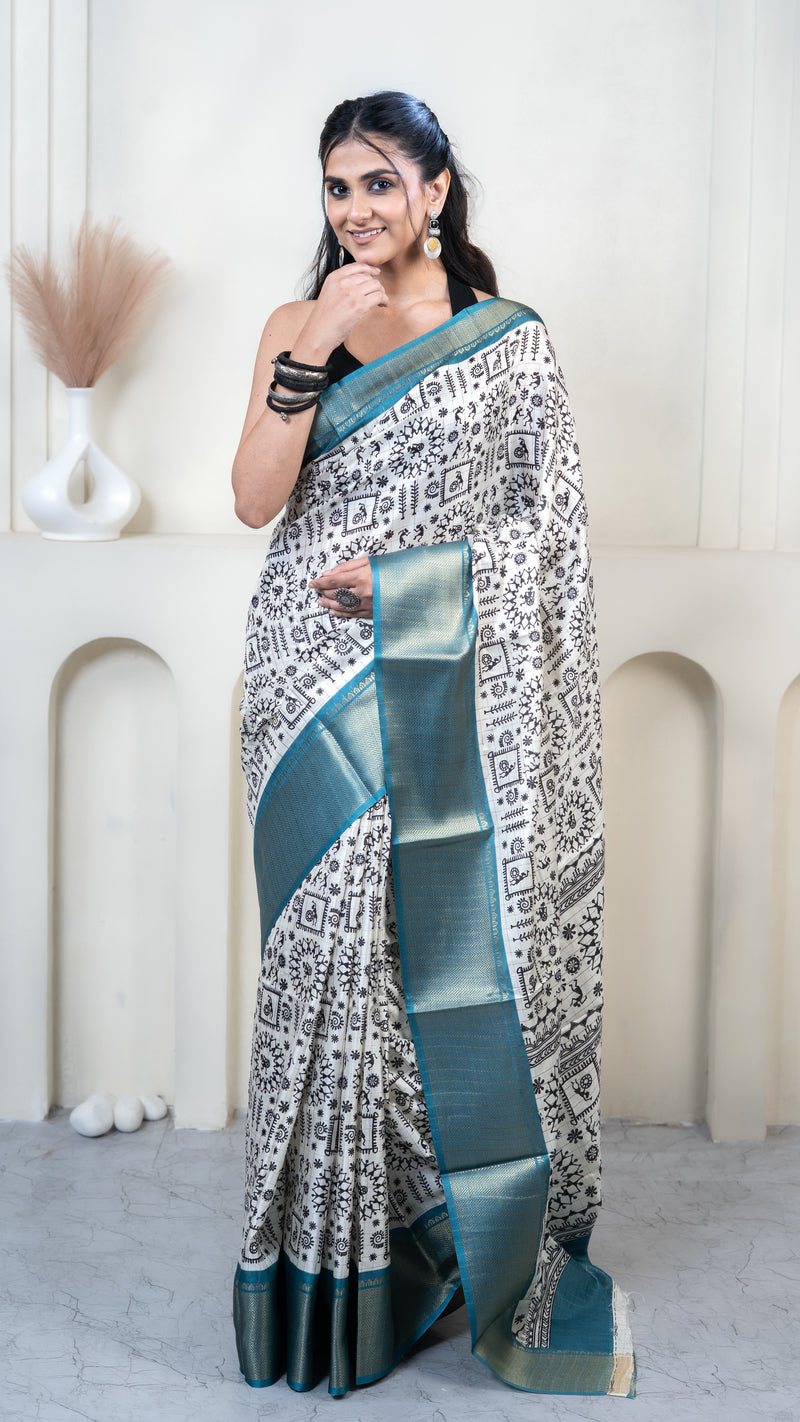White Warli Print Silk Saree with Sky Blue Border