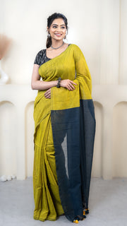 Olive Yellow and Teal Mul Cotton Saree