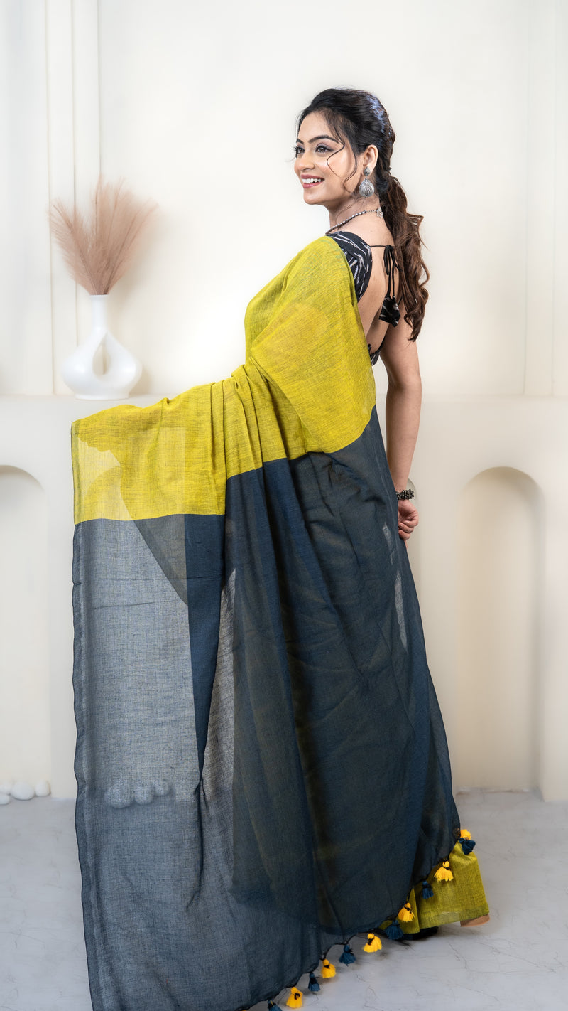 Olive Yellow and Teal Mul Cotton Saree