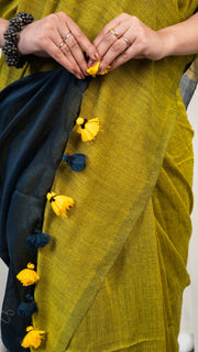 Olive Yellow and Teal Mul Cotton Saree