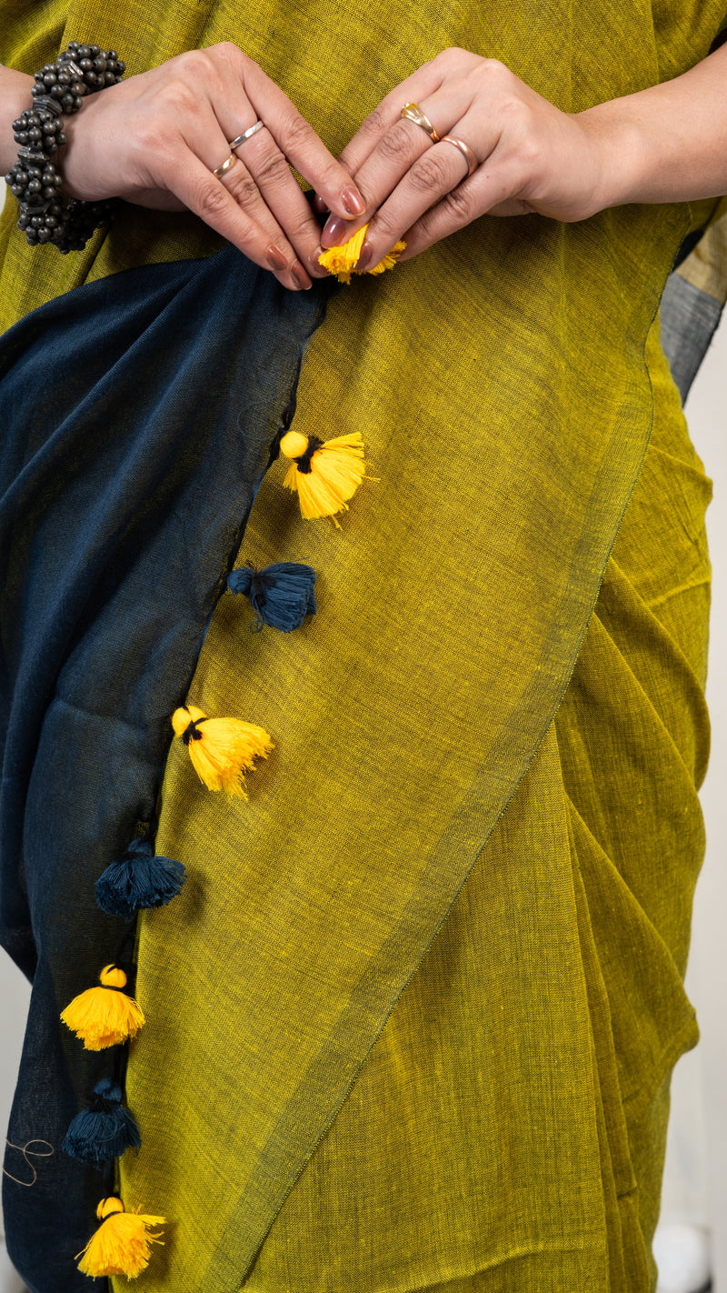 Olive Yellow and Teal Mul Cotton Saree