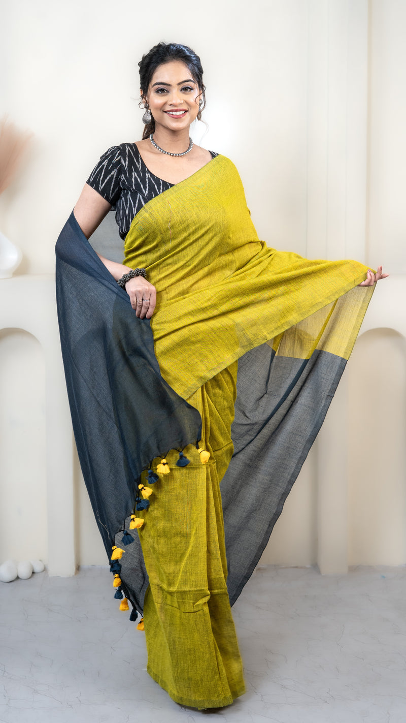 Olive Yellow and Teal Mul Cotton Saree