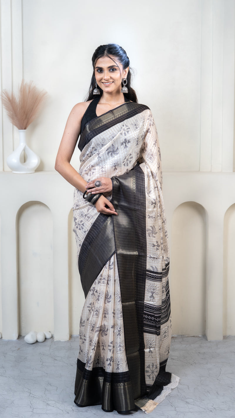 Off White Warli Print Silk Saree with Black Border
