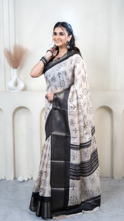 Off White Warli Print Silk Saree with Black Border