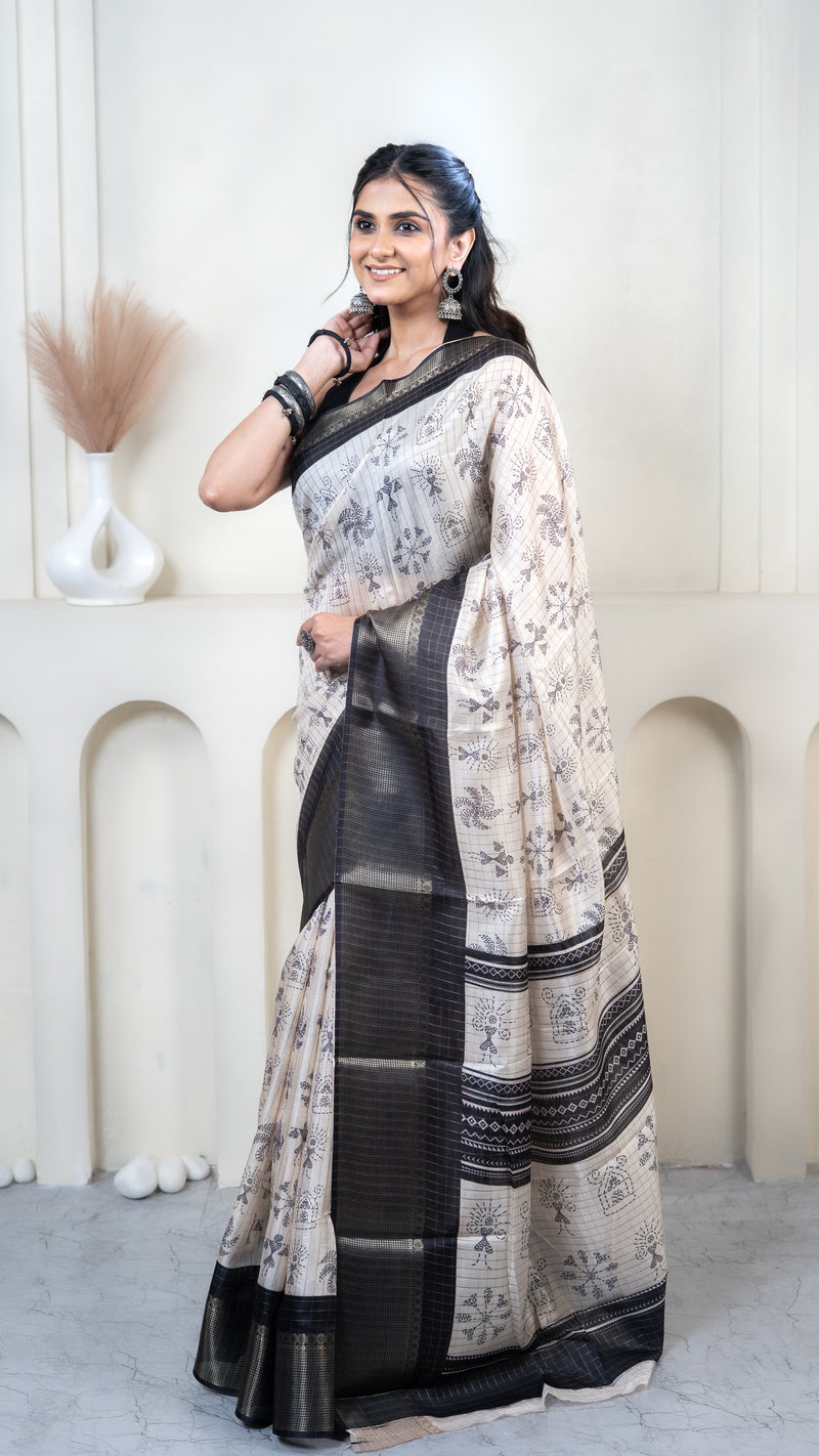 Off White Warli Print Silk Saree with Black Border