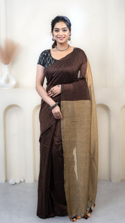 Chocolate Brown and Ochre Mul Cotton Saree