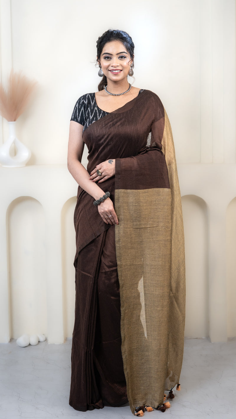 Chocolate Brown and Ochre Mul Cotton Saree