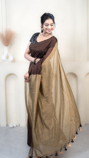 Chocolate Brown and Ochre Mul Cotton Saree