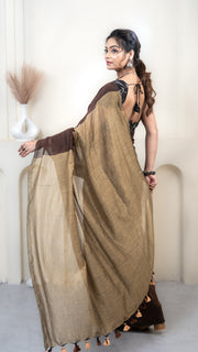 Chocolate Brown and Ochre Mul Cotton Saree