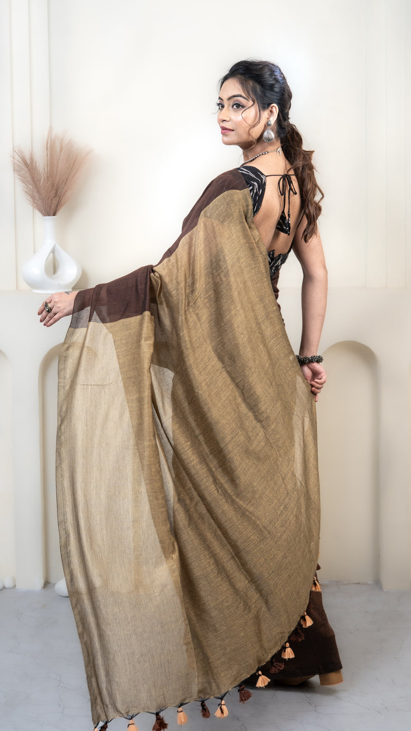 Chocolate Brown and Ochre Mul Cotton Saree