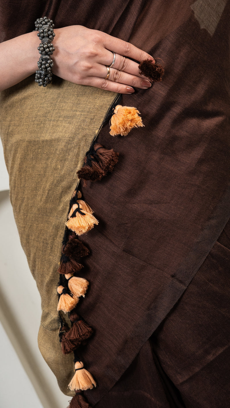 Chocolate Brown and Ochre Mul Cotton Saree