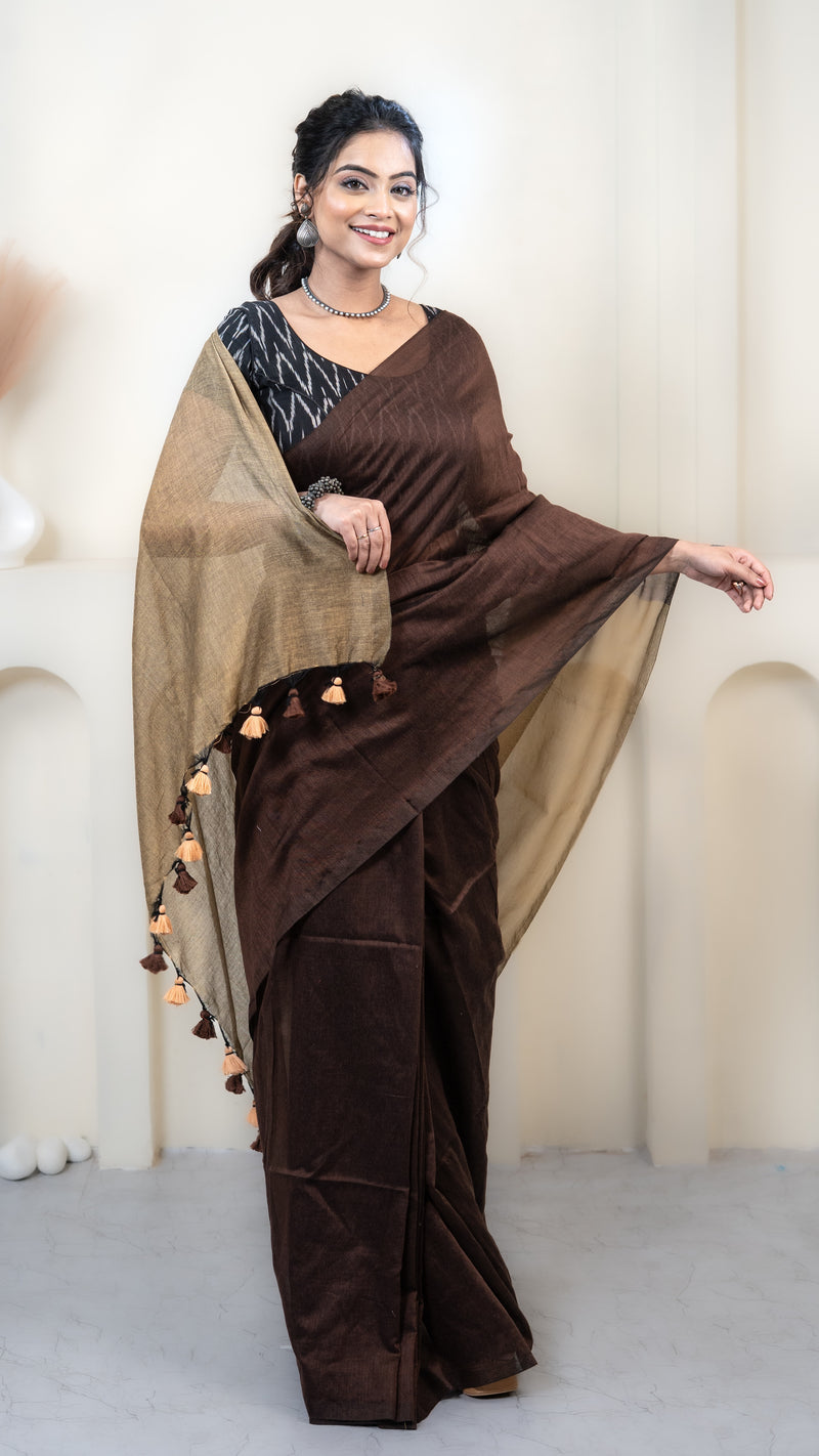 Chocolate Brown and Ochre Mul Cotton Saree