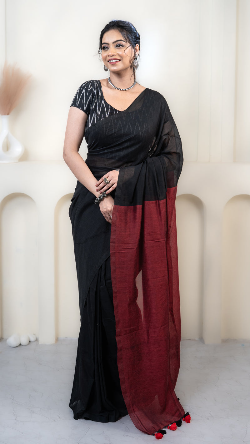 Black and Maroon Mul Cotton Saree