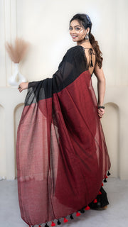 Black and Maroon Mul Cotton Saree