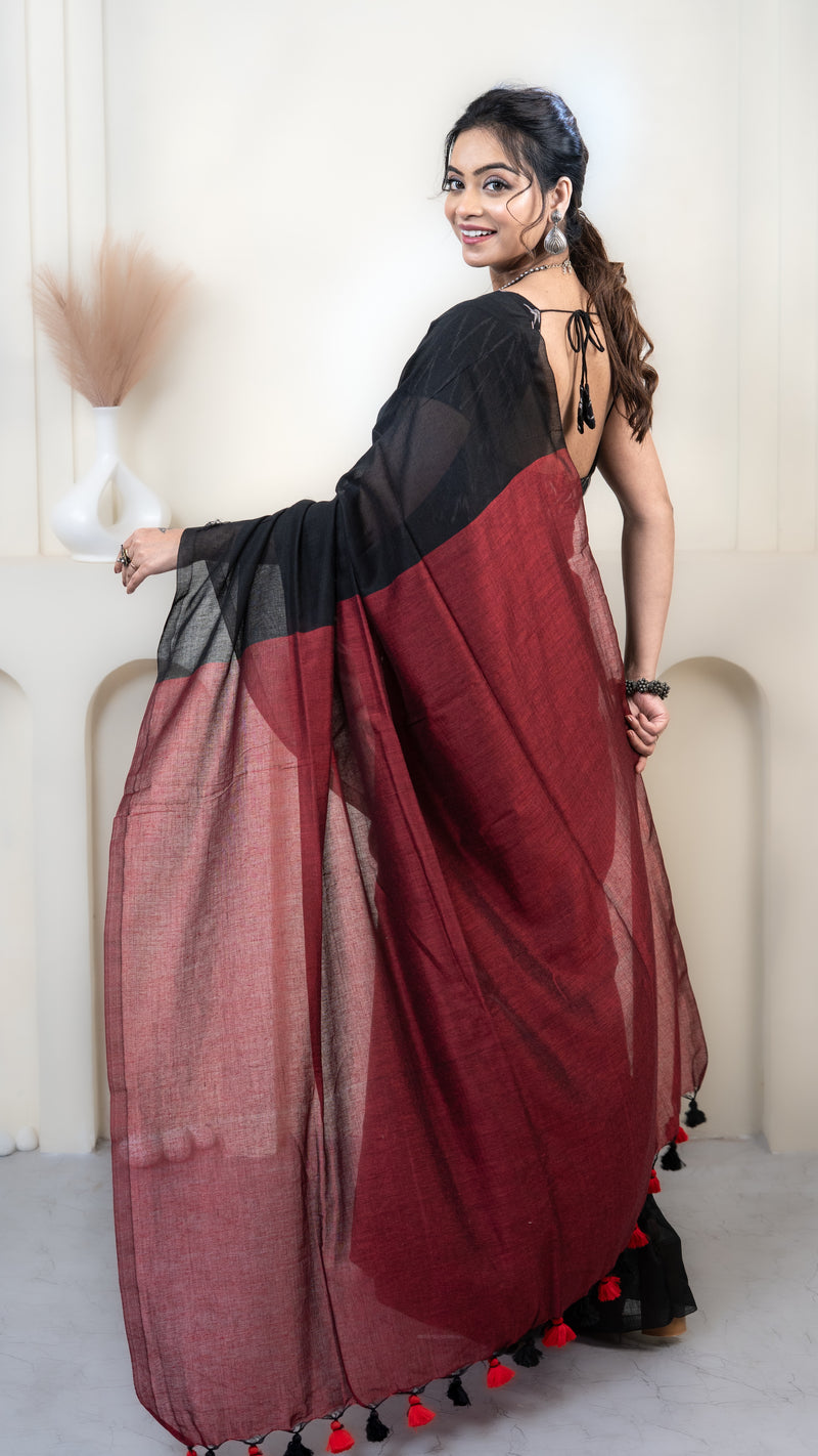 Black and Maroon Mul Cotton Saree