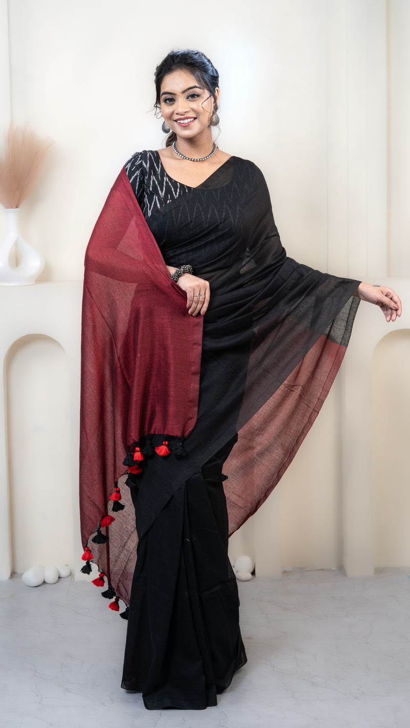 Black and Maroon Mul Cotton Saree