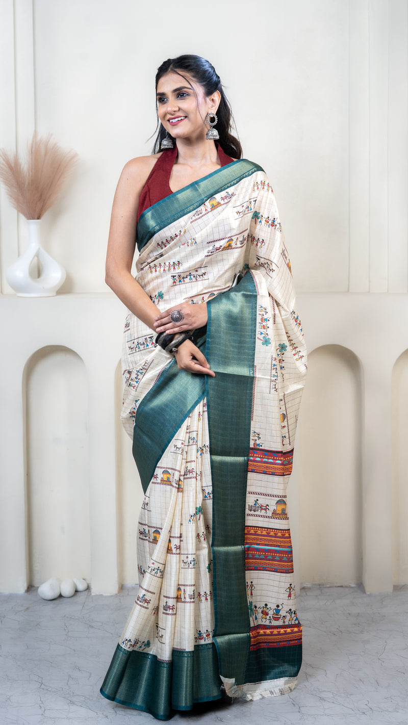 Cream Warli Print Silk Saree with Sky Blue Border