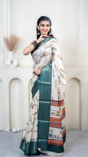Cream Warli Print Silk Saree with Sky Blue Border