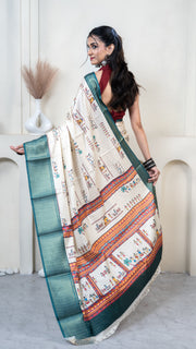 Cream Warli Print Silk Saree with Sky Blue Border