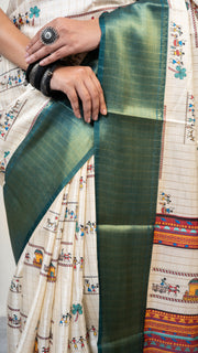 Cream Warli Print Silk Saree with Sky Blue Border