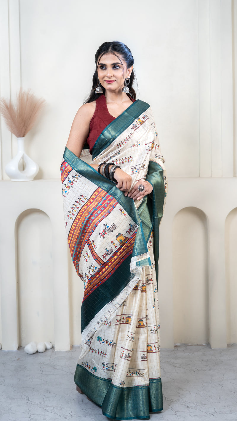 Cream Warli Print Silk Saree with Sky Blue Border