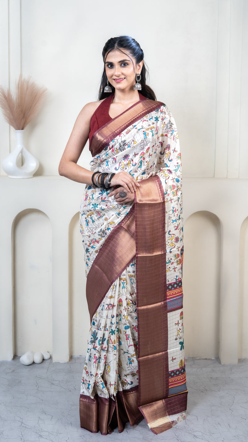White Warli Print Silk Saree with Maroon Border