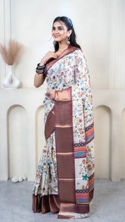 White Warli Print Silk Saree with Maroon Border