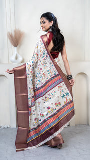 White Warli Print Silk Saree with Maroon Border