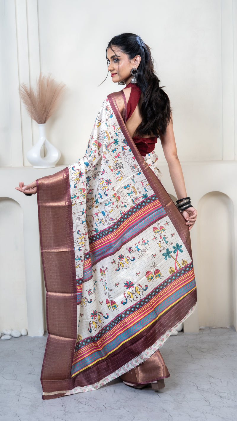 White Warli Print Silk Saree with Maroon Border