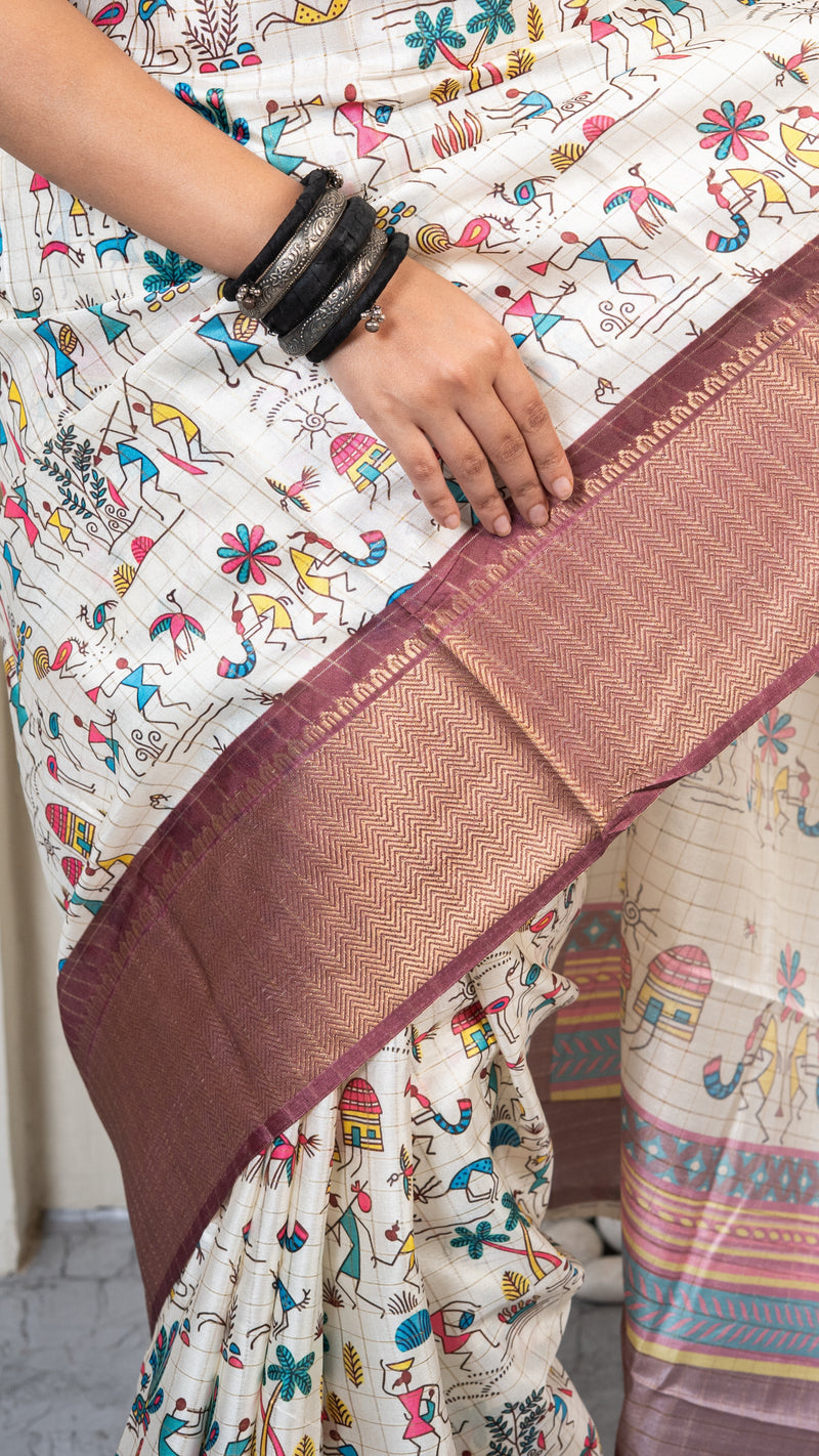 White Warli Print Silk Saree with Maroon Border