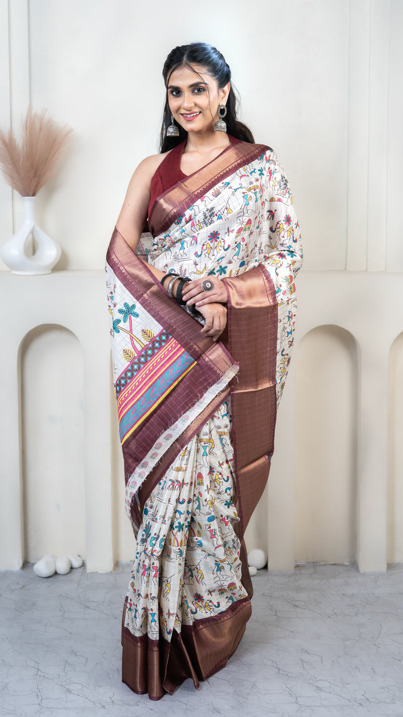 White Warli Print Silk Saree with Maroon Border