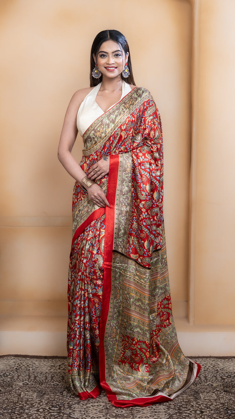 Red Pashmina Soft Silk with Golden and Green Border