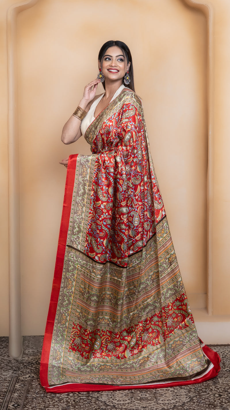 Red Pashmina Soft Silk with Golden and Green Border