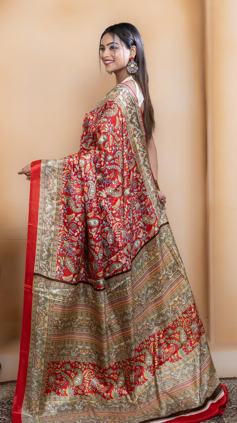 Red Pashmina Soft Silk with Golden and Green Border