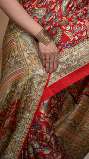 Red Pashmina Soft Silk with Golden and Green Border