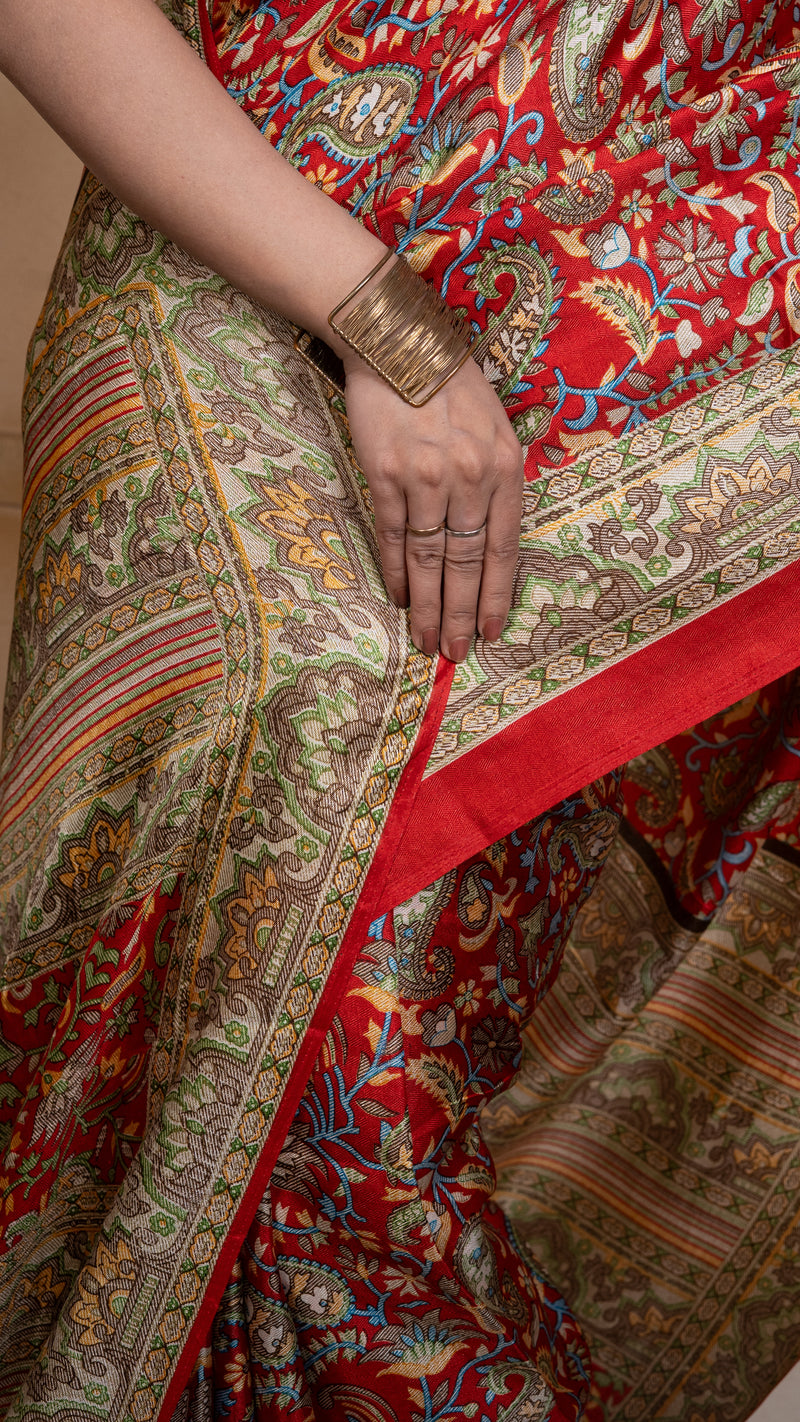 Red Pashmina Soft Silk with Golden and Green Border