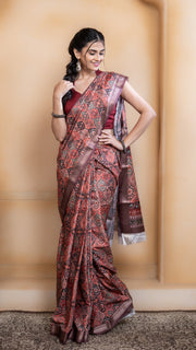 Peach Soft Silk Saree with Multicolour Ajrakh Digital Print