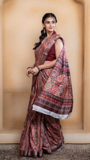 Peach Soft Silk Saree with Multicolour Ajrakh Digital Print