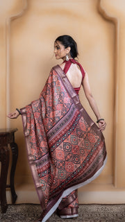 Peach Soft Silk Saree with Multicolour Ajrakh Digital Print