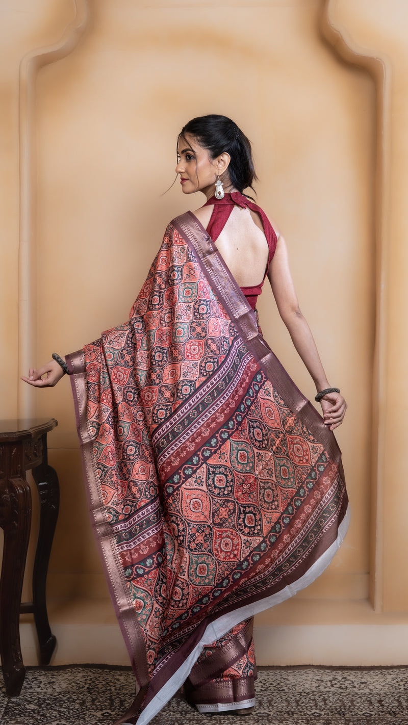 Peach Soft Silk Saree with Multicolour Ajrakh Digital Print