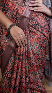 Peach Soft Silk Saree with Multicolour Ajrakh Digital Print