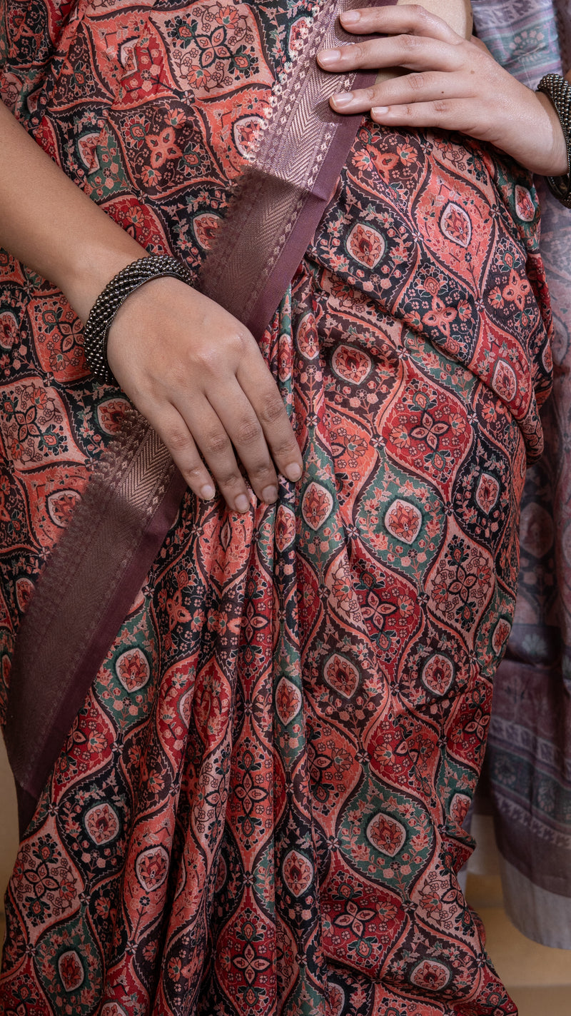 Peach Soft Silk Saree with Multicolour Ajrakh Digital Print