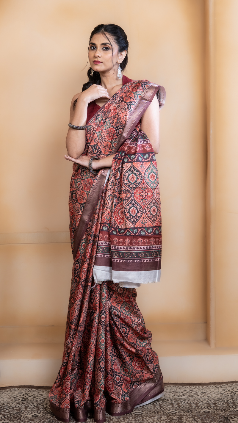 Peach Soft Silk Saree with Multicolour Ajrakh Digital Print