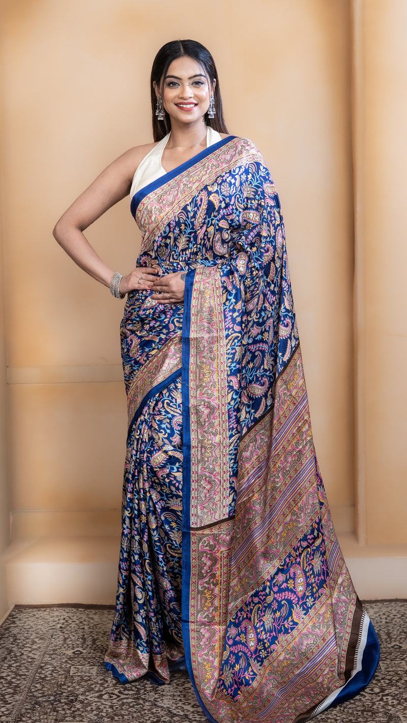 Royal Blue Pashmina Soft Silk with Golden and Pink Border